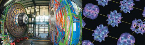 01높이 16m, 가로 17m, 세로 13m로 세계에서 가장 큰 초전도 자석을 사용한 CMS 검출기 내부. CMS 검출기는 초당 6억번의 입자 충돌 실험을 통해 우주와 물질의 기원을 밝힐 것으로 기대되는 LHC 실험에 사용된다. 02우주를 구성하는 최소 단위를 점 같이 생긴 입자가 아니라 끊임없이 진동하는 매우 가느다른 끈으로 보는 초끈이론을 나타낸 그림. 초끈이론에 따르면 우주는 4차원이 아니라 10차원(9차원의 공간+시간)의 시공간으로 구성된다.