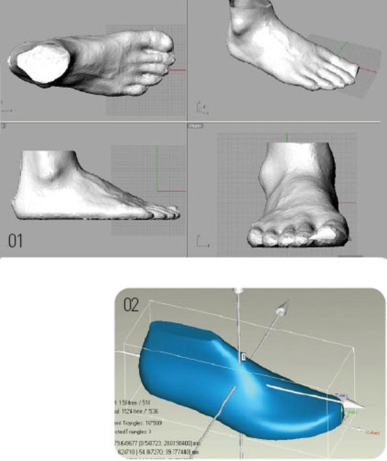 성인 3000여명의 발을 스캐닝해 만든 한국인의 표준발(01)과 이를 토대로 만든 신골(02). 신골(라스트)은 신발을 만들 때 사용하는 틀이다.