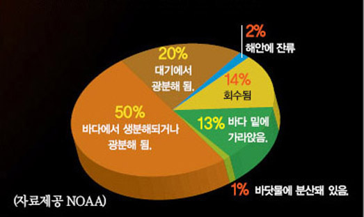 유출된 원유 어떻게 되나^엑손 발데즈호에서 유출된 기름 4만1000㎘의 3년 뒤 행방을 연구한 결과 70%가 자연정화됐지만 남아있는 기름찌거기도 꽤 되는 것으로 나타났다.