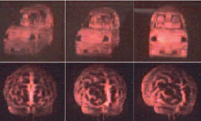 여러 각도에서 바라본 홀로그램. 위의 자동차 이미지를 지운 필름에 아래의 뇌 이미지를 저장한 뒤 재생했다.