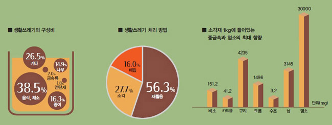 생활쓰레기와 소각재^2005년 기준으로 하루 동안 배출된 생활쓰레기는 4만 8398톤에 이르고, 그 중 27.7%가 소각됐다. 소각재 속에는 해로운 중금속과 염소 성분이 들어있다(자료:환경부 2005 전국폐기물 발생 및 처리현황).