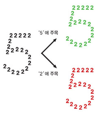 공감각자는 주목하는 대상에 따라 감각 연합이 달라진다.‘2’에서 빨강,‘5’에서 녹색을 보는 경우 전체 윤곽인‘5’에 주목할 경우 녹색으로 보이고 세부인‘2’에 집중하면 빨간색으로 보인다.