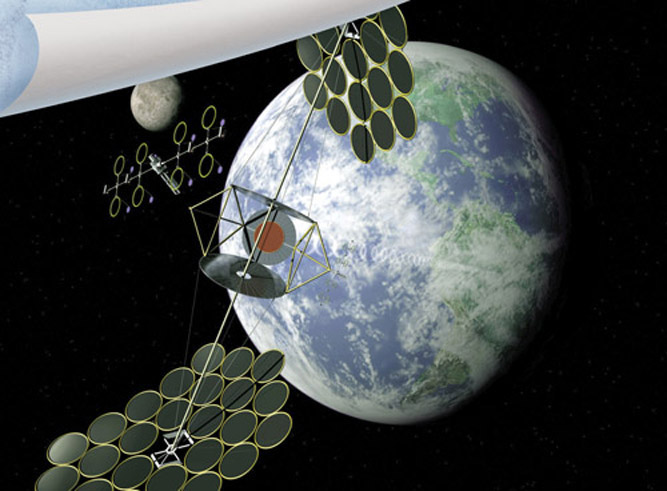 우주 태양광 발전소 상상도. 하루 24시간 비치는 햇빛을 마이크로파나 레이저로 변환해 지구로 전력을 공급한다. 아직까지는 천문학적인 설치비용 때문에 실현되지 못한 상태.