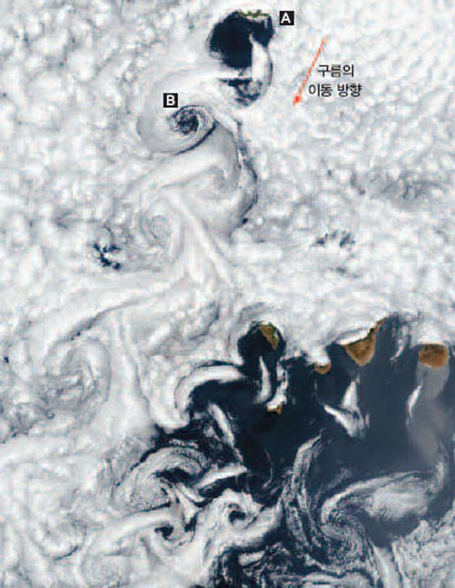 카나리아 제도의 화산섬(A)에 구름이 통과하며 나타난‘카르만의 소용돌이’(B). 불규칙한 공기의 흐름인 난류가 원인이다.