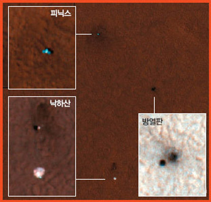 지난 5월 25일 화성 궤도선이 찍은 피닉스의 화성 착륙 직후 모습. 방열판과 낙하산이 띄엄띄엄 보인다.
