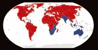 자동차가 우측통행을 하는 나라(빨간 색)와 좌측통행을 하는 나라(파란색)의 분포도. 우측통행을 하는 나라가 더 많다