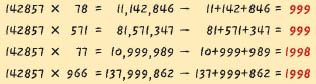 142857에 두자릿수나 세자릿수를 곱하고 맨 뒤쪽부터 3자리씩 끊어서 더하면 모두 999가 된다.