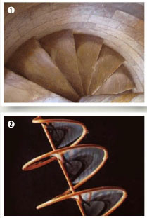 피사의 탑 내부에 있는 헬리코이드 모양의 계단(➊)과 나선형 철사를 비눗물에 담가서만든 헬리코이드 곡면(➋).