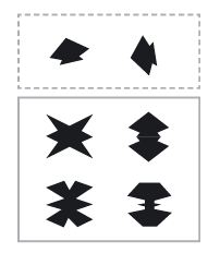 믹스 교수가 사용한 도형 퍼즐의 예시. 위 상자(점선)의 도형 두 개를 붙여서 만들 수 있는 도형을 아래 상자(실선)에서 고르는 문제다.