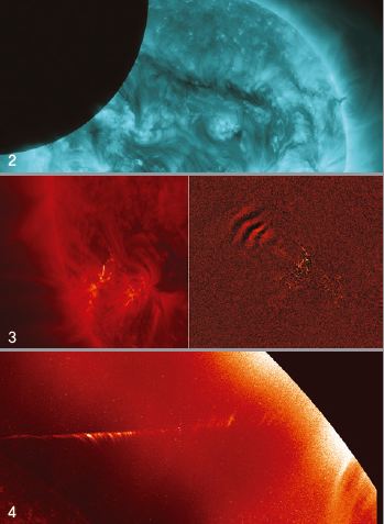 ➊ 코로나 루프를 따라 흐르는 자기장의 모습. ➋ 달이 태양의 일부를 가리는 부분 일식. ➌ 태양 코로나의 흔적. ➍ 러브조이 혜성이 지나간 길.