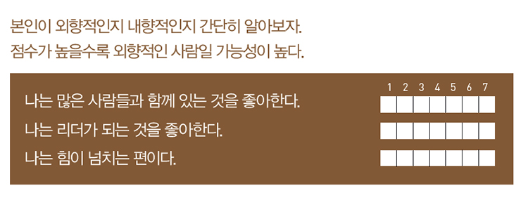 본인이 외향적인지 내향적인지 간단히 알아보자. 점수가 높을수록 외향적인 사람일 가능성이 높다.