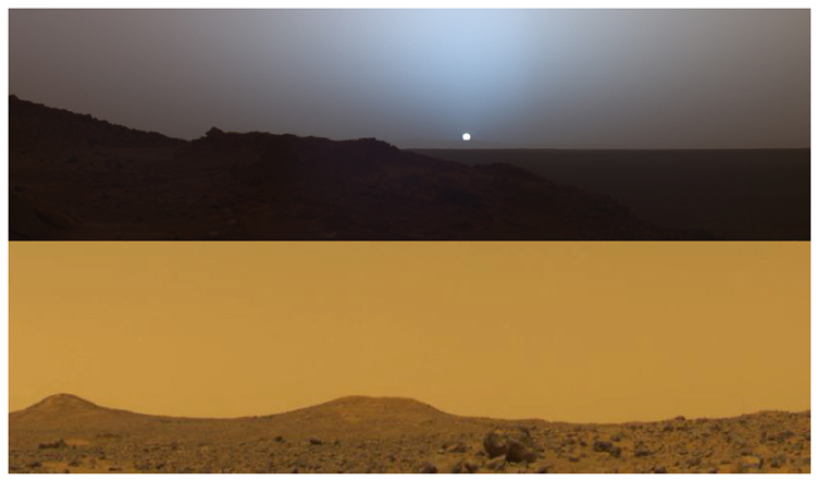 화성에서 맞는 아침(위)과 저녁. 느낌이 낯설다. 태양이 더 작고 어둡게 보인다.