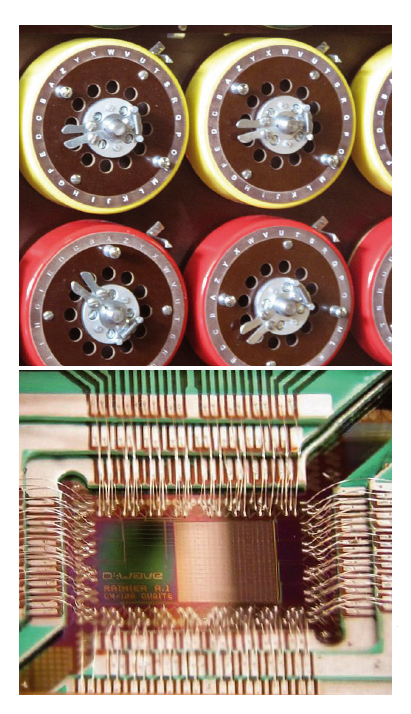 독일군 암호를 푸는데 사용된 튜링의 ‘봄브’(위). 양자컴퓨터 칩의 모습(아래).