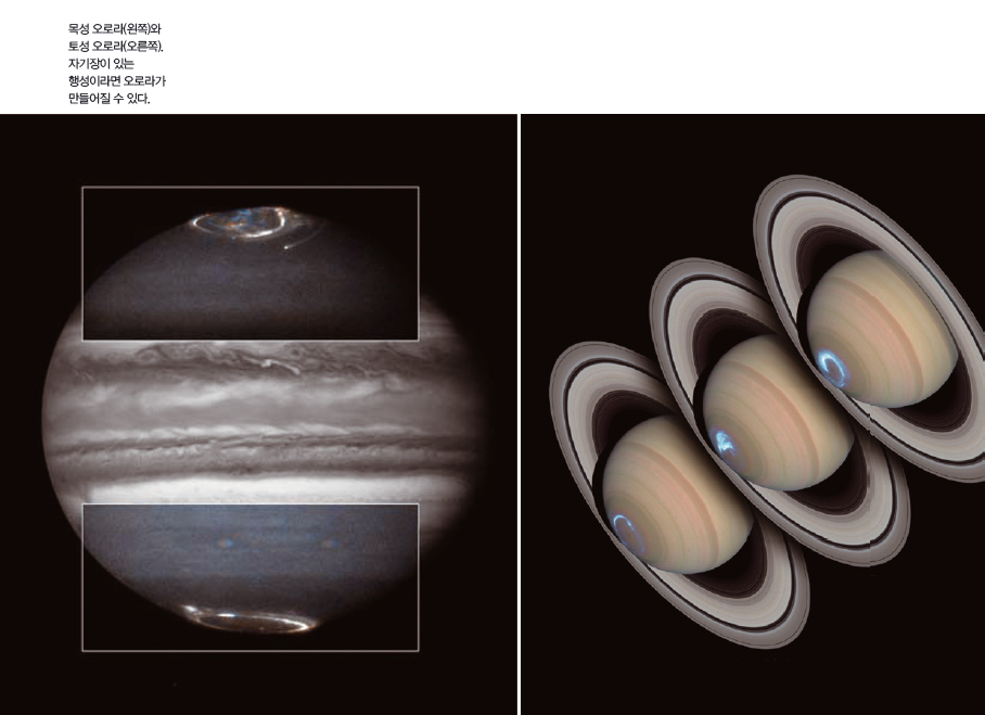 목성 오로라와 토성 오로라. 자기장이 있는 행성이라면 오로라가 만들어질 수 있다.