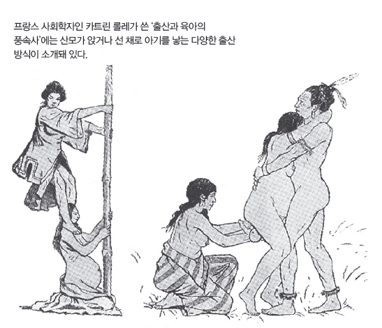 프랑스 사회학자인 카트린 롤레가 쓴 '출산과 육아의 풍속사'에는 산모가 안거나 선 채로 아기를 낳는 다양한 출산 방식이 소개돼 있다.